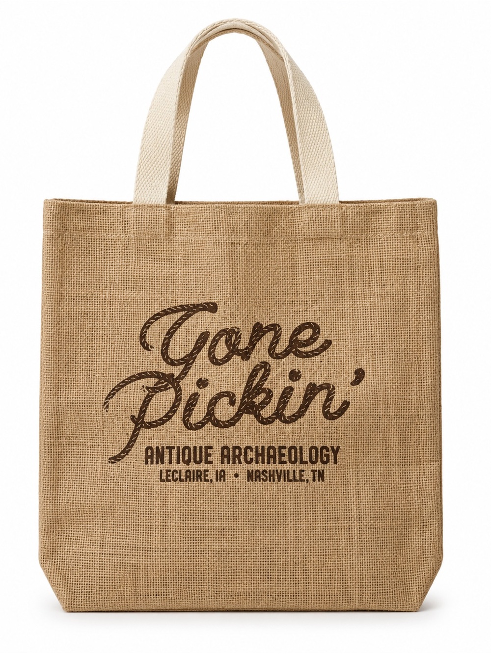 "Gone Pickin'" Burlap Tote Bag - Natural